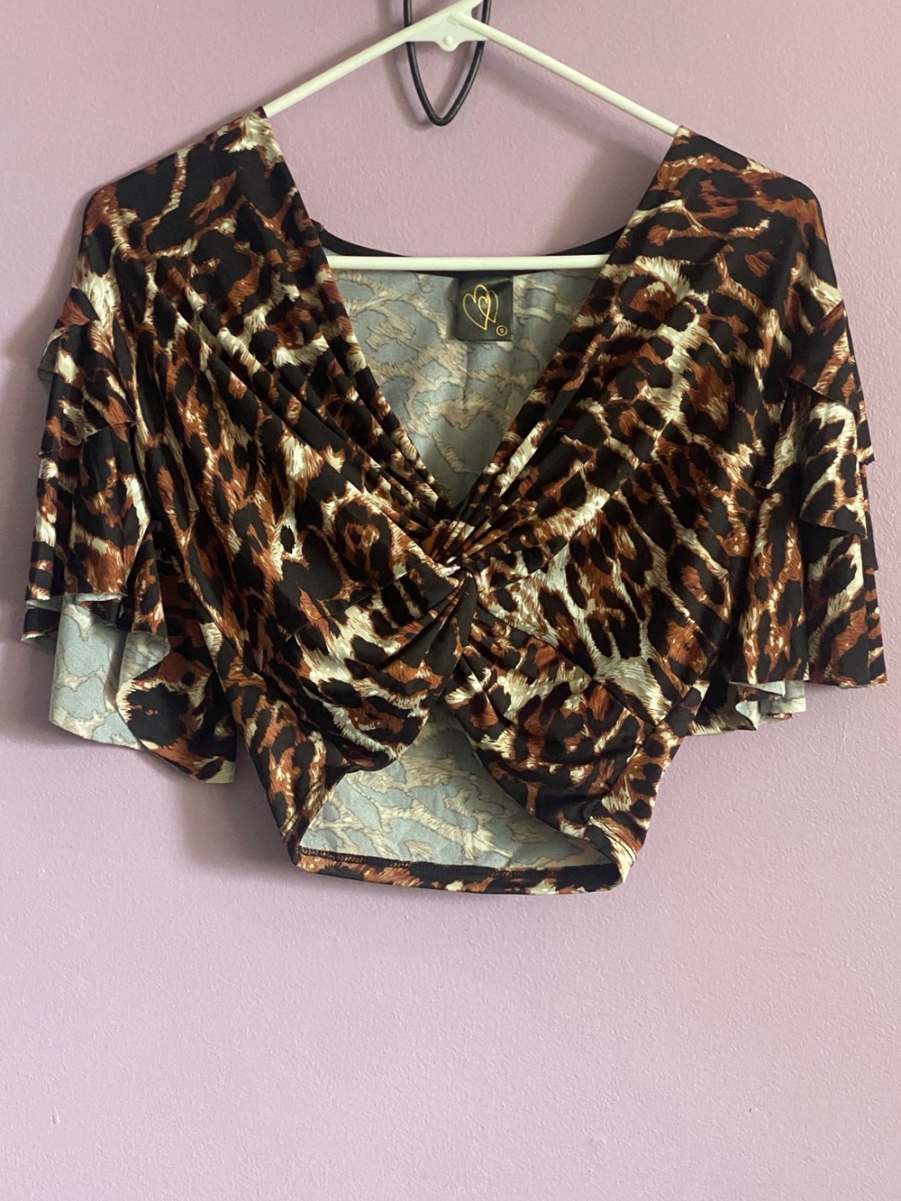 Leopard Print Twist Front Crop Top - Brown Black Cream | Size Small